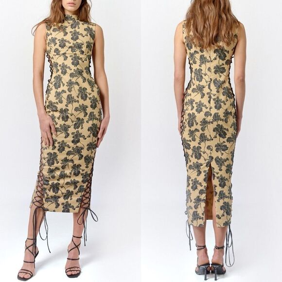 DE LA VALI Size 14 NWT Elena Midi Dress Beige Cotton Iris Print Laced Up Sides - Picture 1 of 10